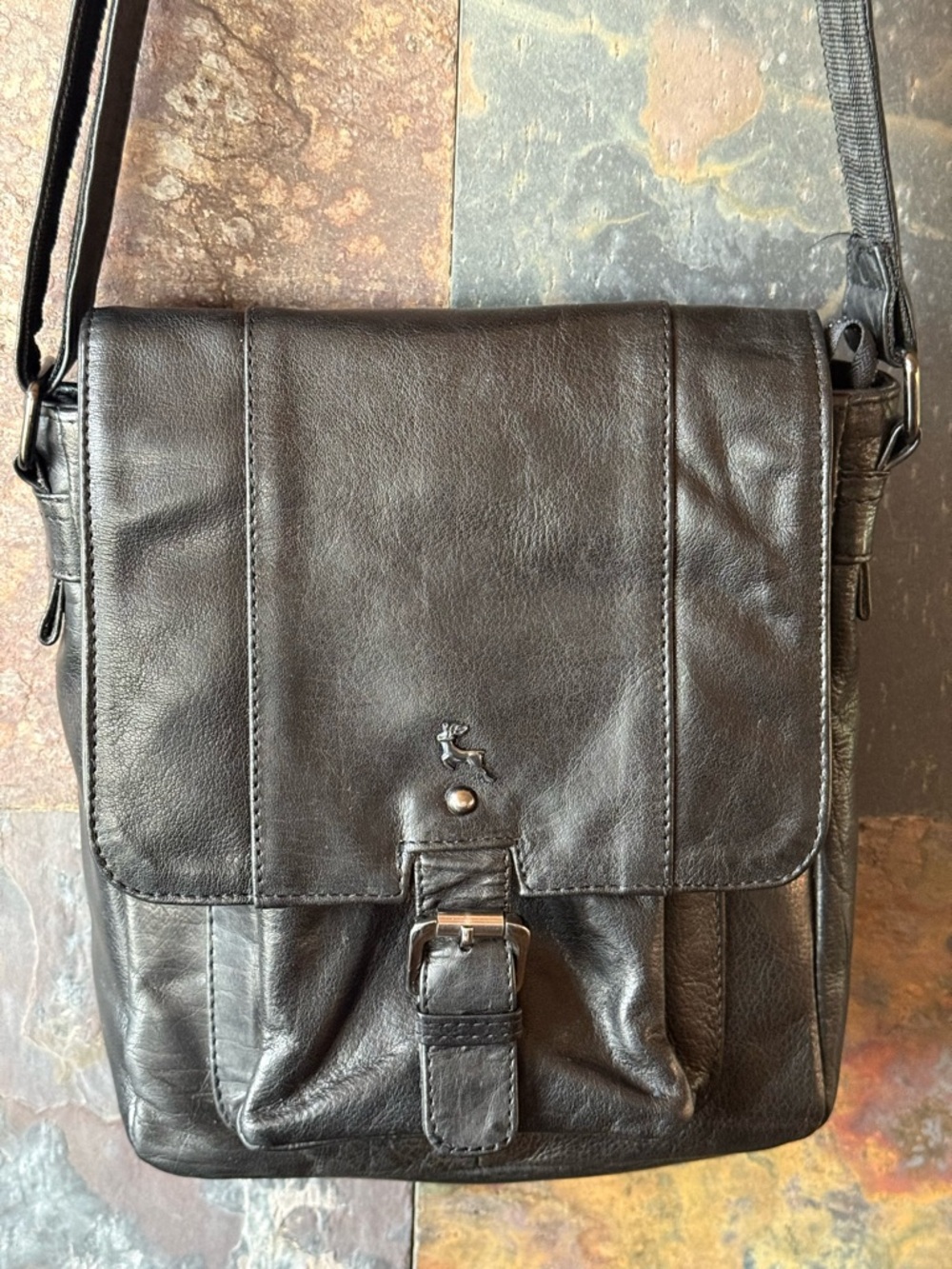 Ashwood black Leather Crossbody Messenger Bag with Buckle Detail, EUC